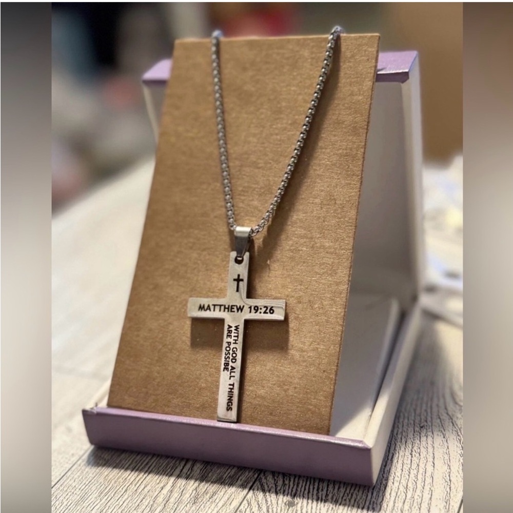 Stainless Steel Silver Cross Necklace with Matthew 19:26 Engraving